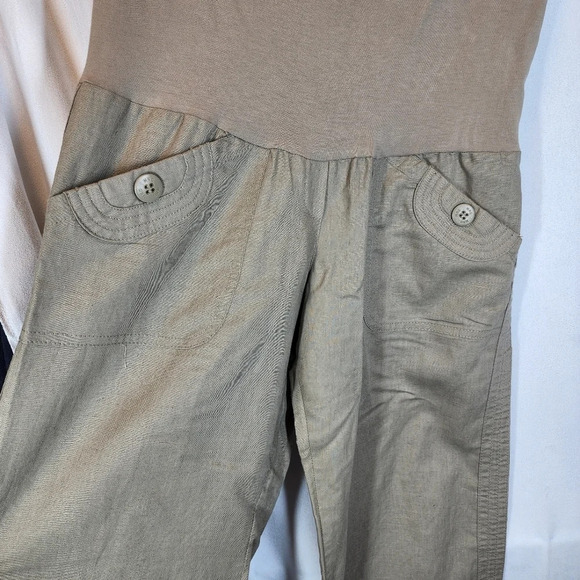 MNG Linen-blend Fold-Waist Wideleg Pants Dark Khaki Size Medium Pull On Stretch - Picture 10 of 12
